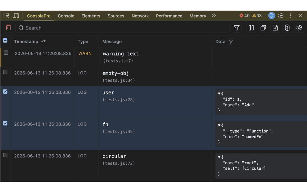 Console Pro Main Interface showing filtered logs