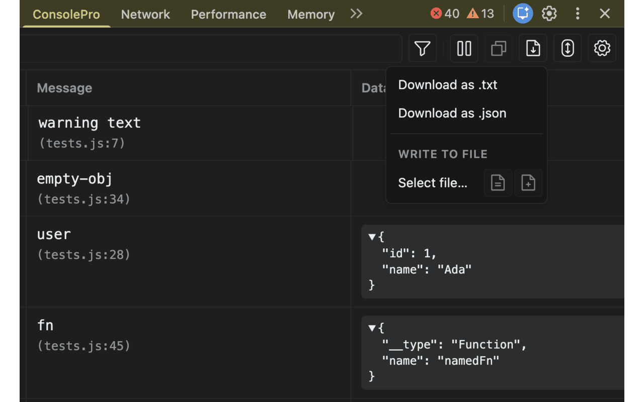Export options for logs